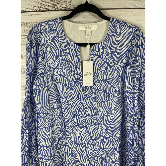 Lilly Pulitzer Laurilee Blouse Womens 6 Blue Animal Print Long Sleeve Zip Top - Picture 2 of 10